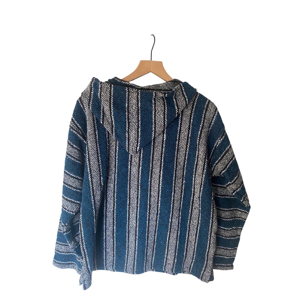 Franks Textiles Baja Hoodie Mens Large Blue Grey Striped Pullover Made in Mexico - Picture 2 of 8